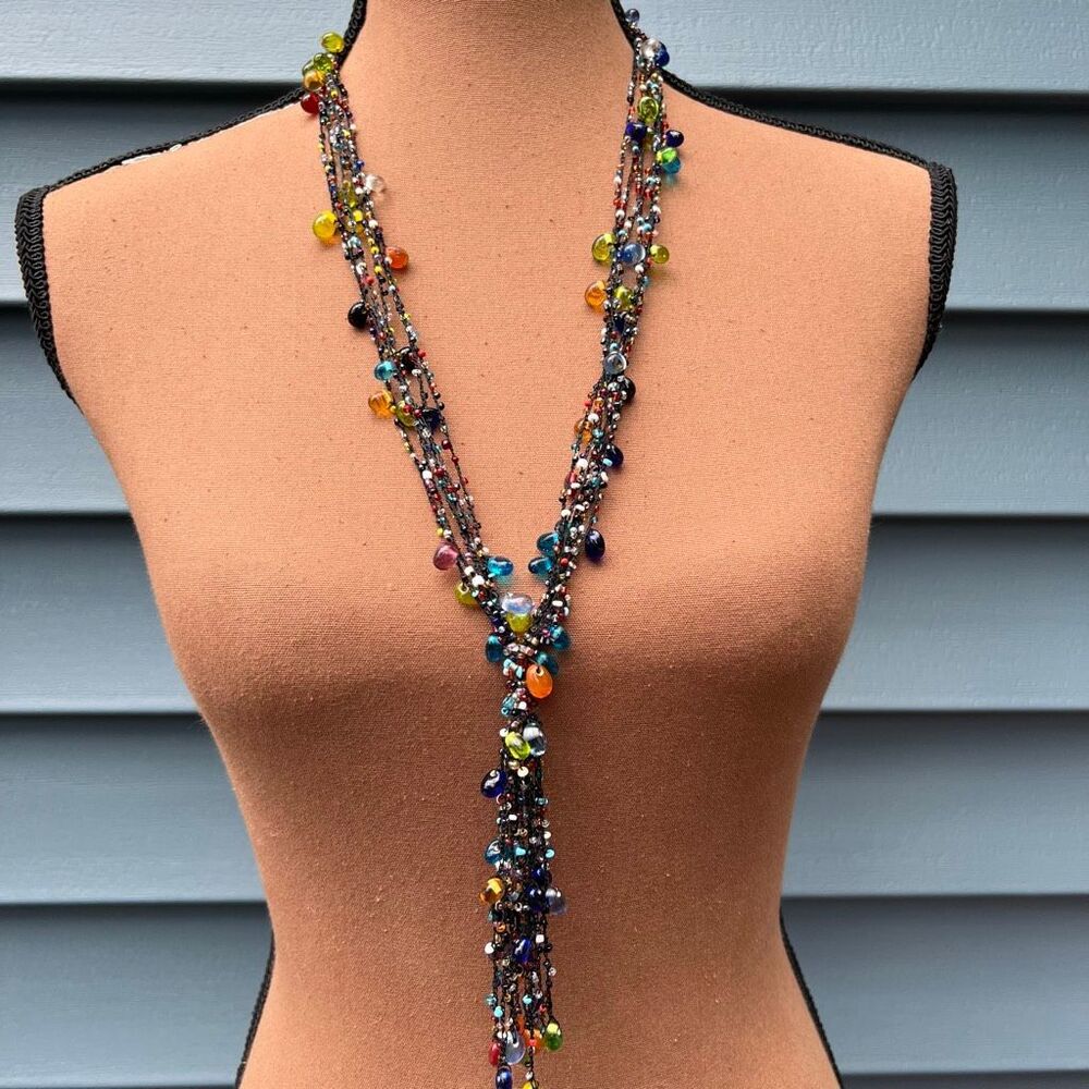 Multi Color Woven Glass Beaded Necklace Tassel Pendant, Adjustable Clasp Closure